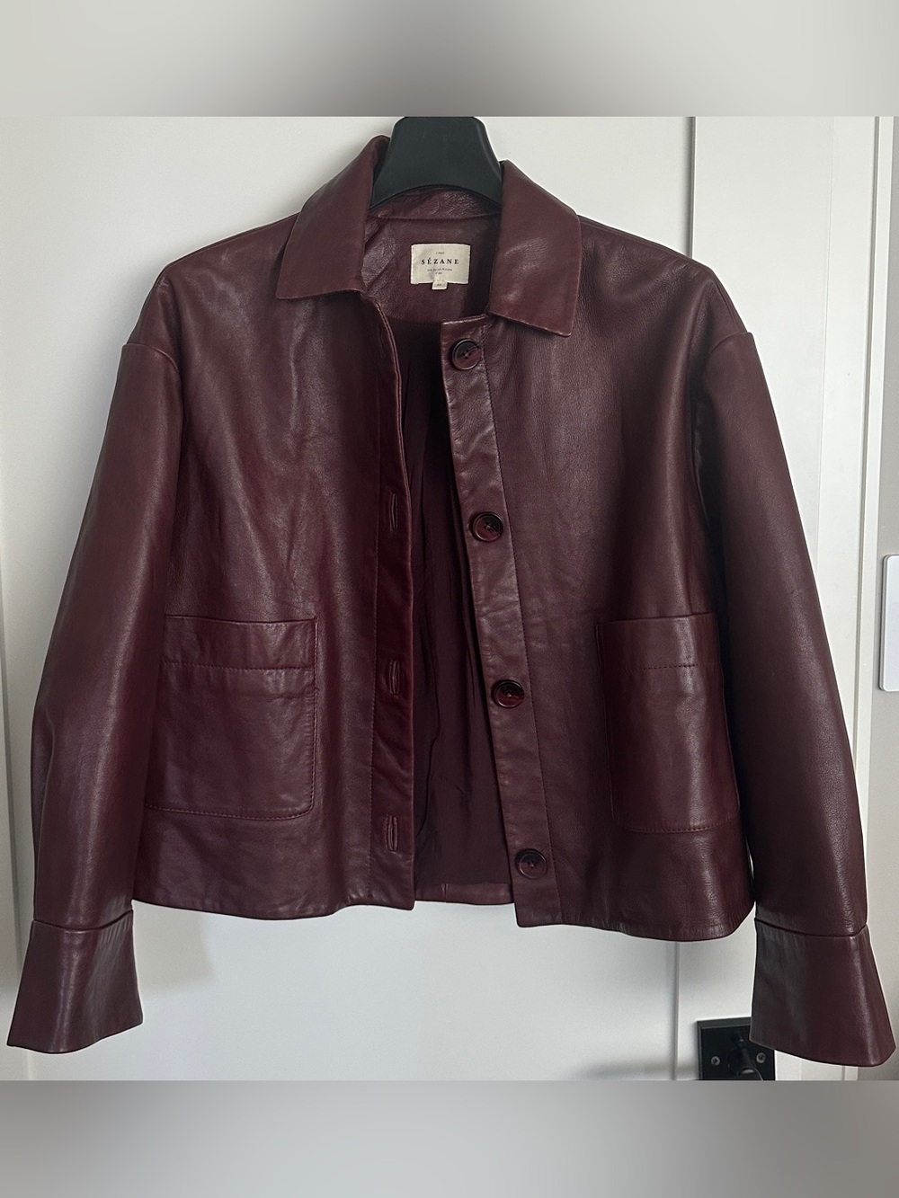 Sezane Mia Burgundy Leather Button-Front Jacket